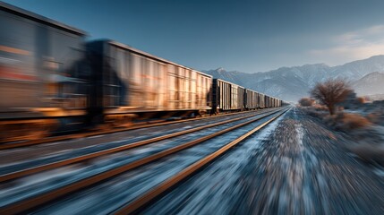 Obraz premium A blurred image of freight trains speeding along tracks with a mountainous backdrop, capturing a dynamic sense of motion in a serene landscape.