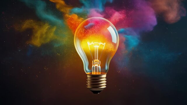 Colorful light bulb with vibrant powder explosion, creative lighting concept and artistic design