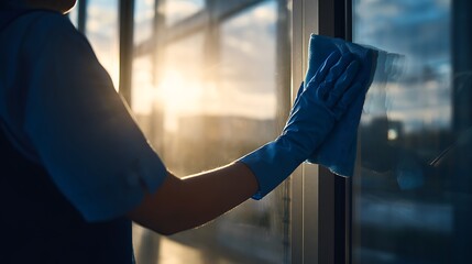 Close-up of a professional cleaner's hand in a blue glove meticulously wiping a large office window during a beautiful golden sunset