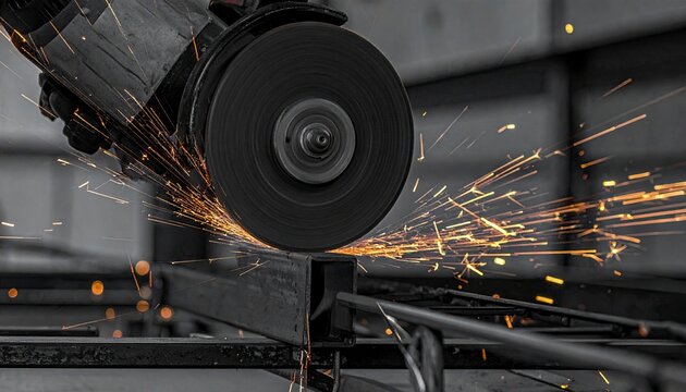 Metalworker Cutting Steel with Angle Grinder, Sparks Flying.