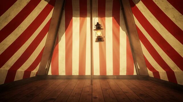 A vintage circus tent with a warm lantern illuminating a cozy atmosphere.