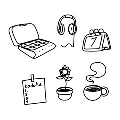 set collection of items on the office desk in doodle hand drawn style