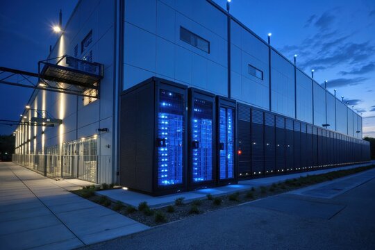 A glowing data center building at night