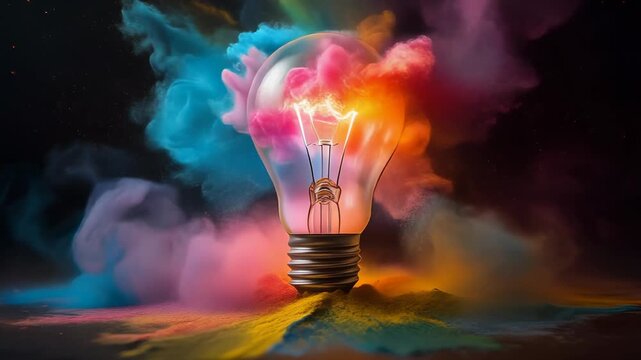 Vibrant light bulb surrounded by colorful powder for artistic inspiration and creativity