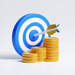Arrow in target, gold coins in stack, success concept