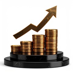 Coins rising, arrow pointing up on a round marble stand