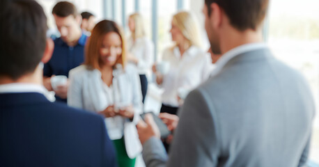Business professionals networking indoors during a bright event or meeting, exchanging ideas and building connections in a modern corporate environment full of energy and collaboration.