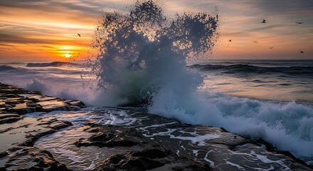 Ocean Wave Crashing on Rocky Shore at Sunset.