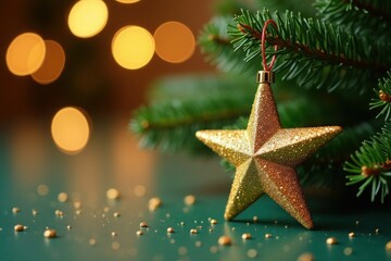 Sparkling gold star ornament on festive Christmas tree with bokeh lights