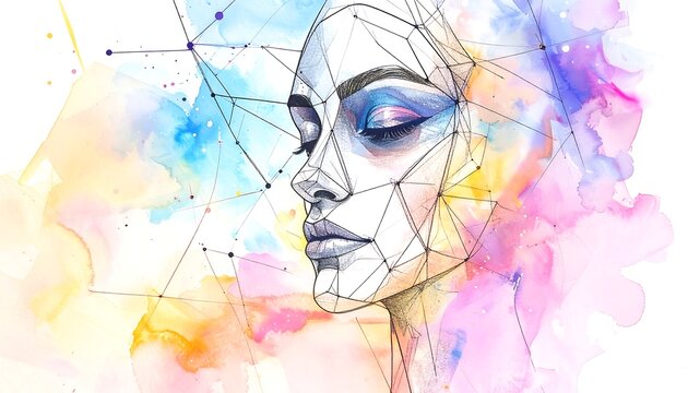 Abstract sketch of a woman's face with watercolor washes and geometric lines on a white background