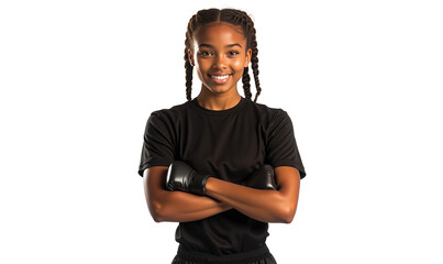 Young, confident Black girl boxer in gloves and sportswear, isolated on transparent background