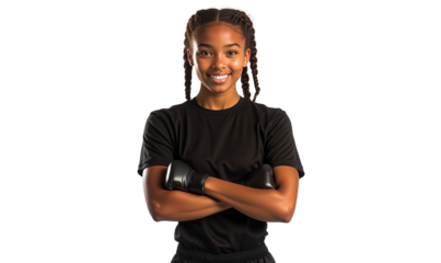 Young, confident Black girl boxer in gloves and sportswear, isolated on transparent background