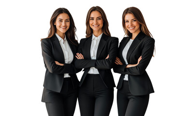 Three confident businesswomen in black suits smiling with arms crossed, isolated on white background
