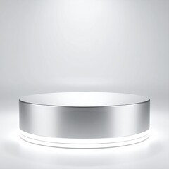 Silver round platform sits in bright white space