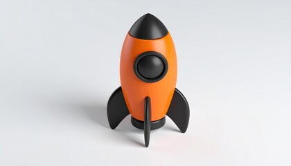 Orange rocket ship, black details, 3D render, on white.
