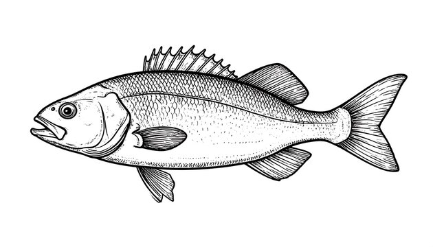 A detailed monochrome engraving of a fish, seen in profile, with intricate line work to show form and texture