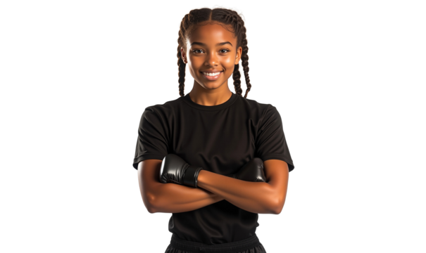 Young, confident Black girl boxer in gloves and sportswear, isolated on transparent background