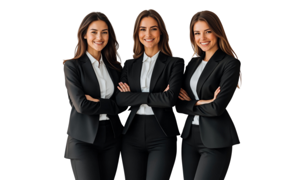 Three confident businesswomen in black suits smiling with arms crossed, isolated on white background