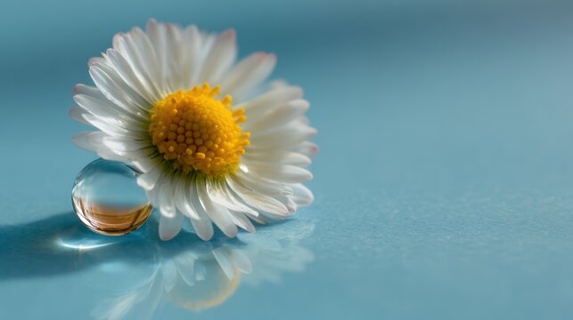Floral Harmony: A pristine daisy, showcasing delicate white petals and a vibrant yellow center, is exquisitely complemented by a crystal-clear water droplet.