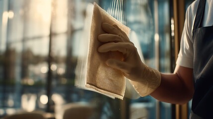 Diligent janitorial staff member in protective gloves and apron meticulously washes a large glass window with a microfiber cloth in a sunlit commercial space