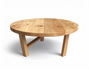 Round wood table, rustic grain, angled legs, cast shadow
