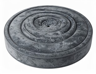 Gray, stone-textured, round object with spiral indentation