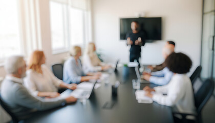 Business meeting with a speaker presenting to a seated diverse group, showing leadership, learning, and teamwork in a bright professional environment that encourages communication and ideas.