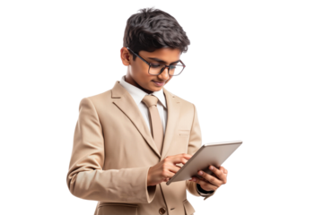 Young smart boy in a suit and glasses, actively engaging with a tablet, isolated on transparent background