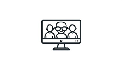 Black lined drawing of a computer monitor with three simple, faceless figures with one figure wearing glasses