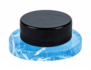 Hockey puck atop translucent crushed ice disc
