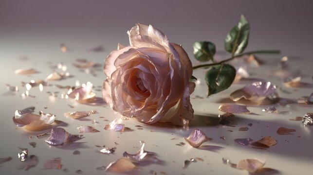 Delicate Bloom and Fallen Petals: A single, blush-toned rose lies amidst a scattering of its own delicate petals, evoking a sense of fragility and beauty in an evocative still life.