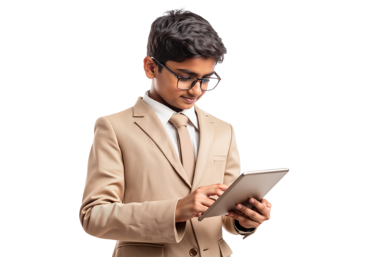 Young smart boy in a suit and glasses, actively engaging with a tablet, isolated on transparent background