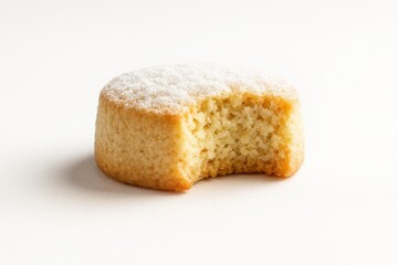 Single traditional Spanish mantecado with a clean bite showing tender crumb and almond flecks studio isolated on white