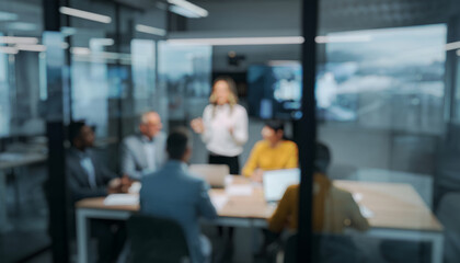 Business meeting with blurred people around a conference table indoors, illustrating teamwork, leadership, and focus in a modern professional environment designed for communication and success.
