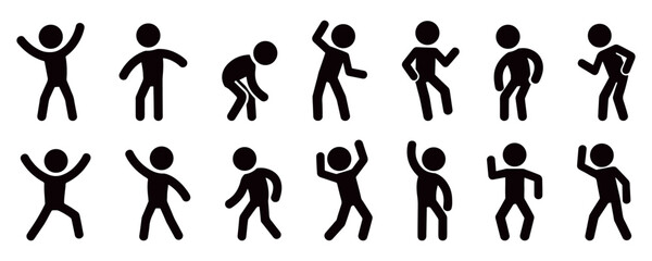 Minimal stickman dance silhouette collection showing fun body motion and party moves, black and white vector illustration of joyful human rhythm, fitness and celebration concept design