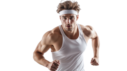 Muscular handsome man running isolated on transparent background