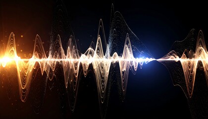 Abstract sound waves emanating from orange to blue, energy glowing, black background, fine detail