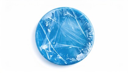 Blue disk with crystalline, fractured surface on white