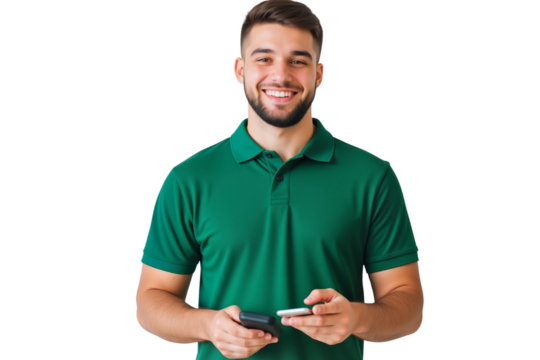 Smiling young man in a green polo shirt, holding a smartphone and power bank, portraying casual connectivity, modern life, and customer service
