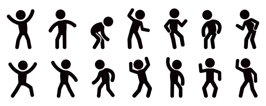Minimal stickman dance silhouette collection showing fun body motion and party moves, black and white vector illustration of joyful human rhythm, fitness and celebration concept design