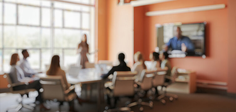 Blurred business meeting with people attending a video conference presentation, highlighting technology, teamwork, and communication in a connected modern office environment.