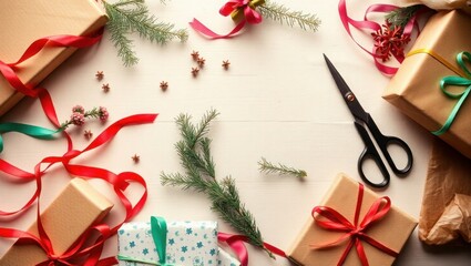 Wrap festive gifts with ribbons, pine, and scissors for holidays