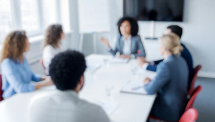 Fototapeta premium Business people meeting around a bright conference table indoors, collaborating on ideas and planning in a modern professional environment that reflects teamwork, focus, and success.