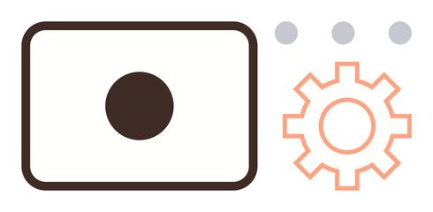 Rectangular device with central circle alongside gear icon and three small dots. Ideal for workflow, automation, settings, process management, optimization, functionality, simple flat metaphor