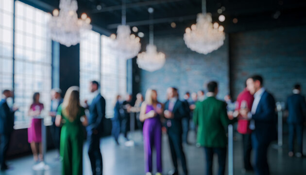 Blurry gathering of formally dressed people in a large room, capturing professional interaction, networking, and teamwork in a bright, spacious environment designed for collaboration.