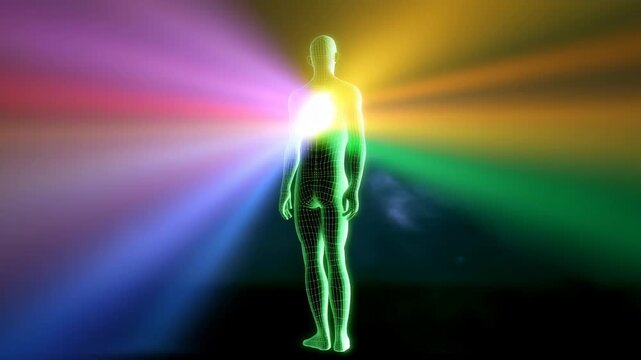Stunning digital illustration of a human figure with vibrant energy and colorful aura emanating light