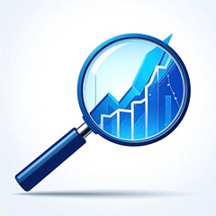 Magnifying glass zooms on rising blue bar and line graph