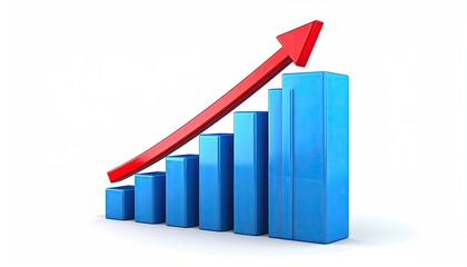 Blue bar graph trending up with a red arrow