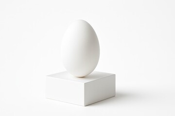 Single white egg standing upright on a matte white acrylic block clean product style studio on white