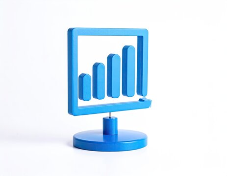 Blue 3D bar chart icon, ascending, modern design on white